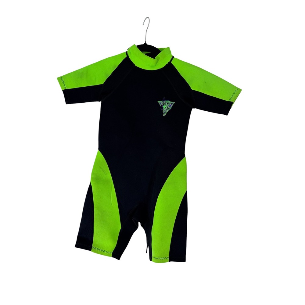 Deep See Kids Wetsuit Size M Shorty 2mm Neoprene Black Neon Green Snorkel Surf